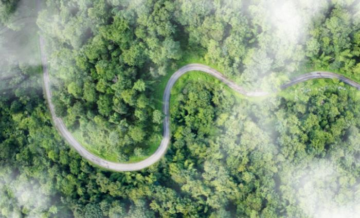 Winding road, top view of beautiful aerial view of asphalt road