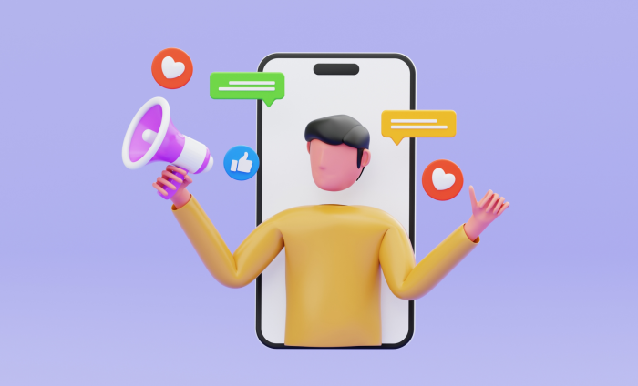 A cartoon image of a man in a phone screen, holding a megaphone